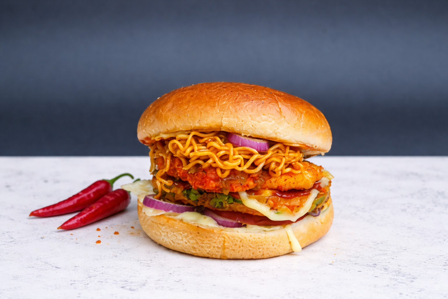 Red Chilli Noodle Burger at Red Chilli's East Indian Cuisine in Selkirk, MB